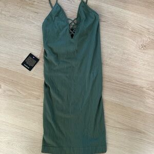 bebe Olive Green Ribbed Slip Dress with Lattice V-Neck